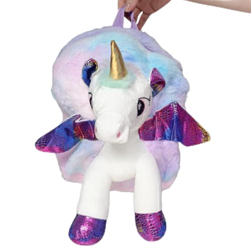 Mochila Infantil Unicórnio 3D em Pelúcia, Design Mágico com Asas Holográficas, Chifre Dourado, Alças Ajustáveis, Zíper Reforçado, Passeios e Escola