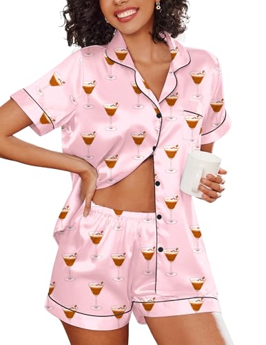 Ekouaer Womens Pajama Sets Silk Pjs Short Sleeve Button Down Loungewear Satin 2 Piece Sleepwear Shorts Set,Light Pink Wineglass,S