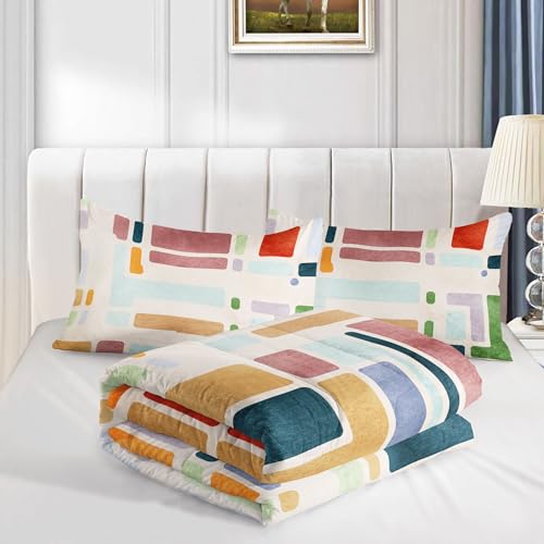 Image of Kids Comforter Set Five Colored Blocks Mosaic Printed Pattern Bedding Set with 1 Comforter and 2 Pillowcases for Girls Boys Bedroom All Season(Mosaic Queen)