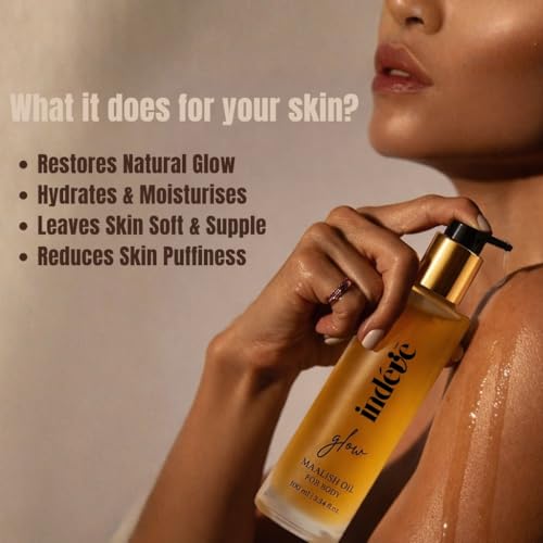 Image of Indevie Glow Body Oil with Mogra, Kesar & Chandan | Ideal for Daily Skin Moisturization | Ayurvedic, Non-Greasy Formula for Deep Nourishment and Glow | Free from Silicones, Parabens & Sulphates