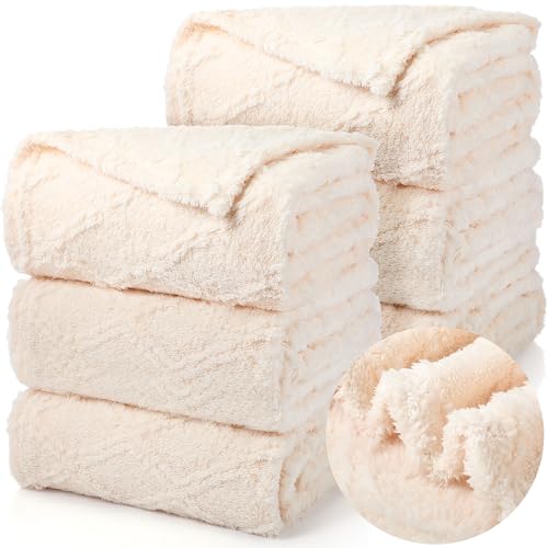 Buryeah 6 Pcs Sherpa Fleece Throw Blanket Bulk 50 x 60” Soft Cozy Jacquard Throw Blanket Warm Fleece Blanket Portable Lightweight Fuzzy Blanket for Wedding Sofa Bed Couch All Season (Lvory)