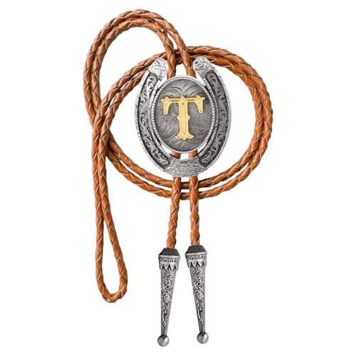 Image of Vintage Western Cowboy Monogram Initial Letter Bolo Tie for Men | Premium brown braided leather, adjustable sliding clasp, anti-tarnish alloy pendant, versatile A-Z western bolo tie