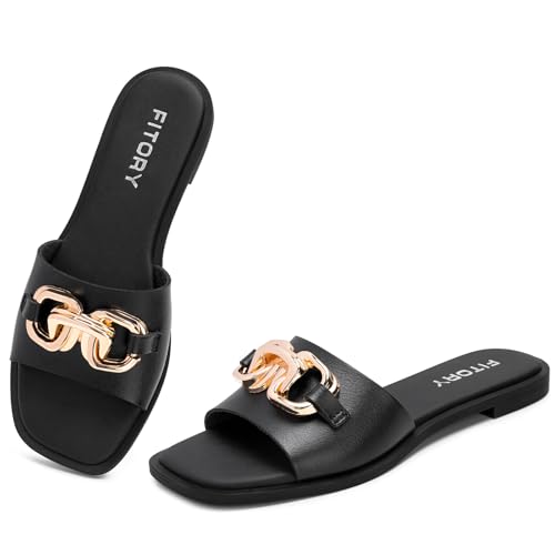 Image of FITORY Women's Flat Sandals Fashion Slides With Soft Leather Slippers for Summer Size 6-11
