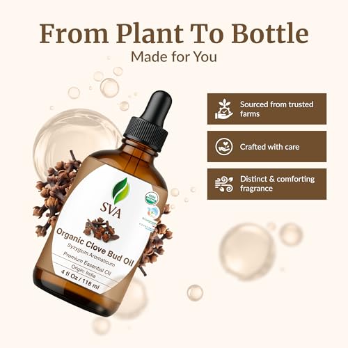 Image of SVA Clove Essential Oil Organic - 4 Fl Oz - 100% Natural Organic Clove Oil - for Diffuser, Hair Care, Face, Skin Care, Aromatherapy, Scalp and Body Massage, Soap and Candle Making - with Dropper