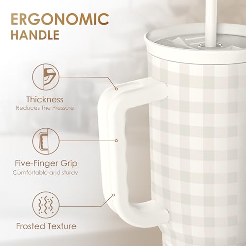 Image of SANDJEST Grey Gingham 40oz Slider Tumbler with Handle and Straw - Insulated Stainless Steel Travel Coffee Mug for Women Girls, Gift for Birthday, Christmas
