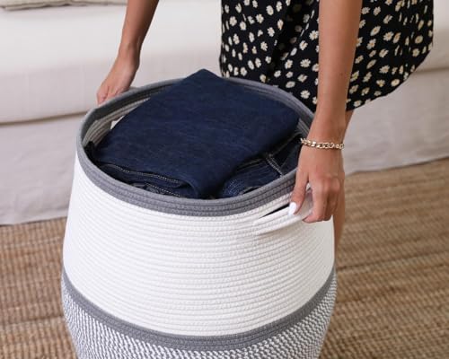 Image of Storage Cotton Rope Basket and Laundry Hamper for Dirty Clothes, Towels, Blankets, Pillows Storage in Living Room, Laundry Room and Bedroom (White & Dark Grey Mix With Lid, 14x16 Inch)