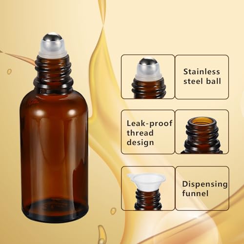 50ML Roller Bottles for Essential Oil, 3 Pack Empty Amber Glass Roller Bottle for Perfume Oil, Roll on Bottles with Stainless Steel Roller Balls, Opener, Funnel and Dropper3