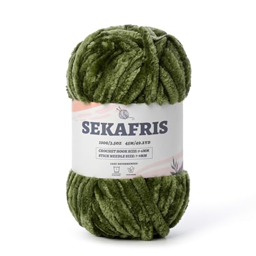 Image of Fuzzy Chunky Chenille Yarn for Crocheting,Soft Plush Yarn for Hand Knitting,Bulky 100 g(49.2 yd) Baby Blanket Yarn for Crocheting Amigurumi Yarns,Crochet Fluffy Velvet Yarn (Army Green)