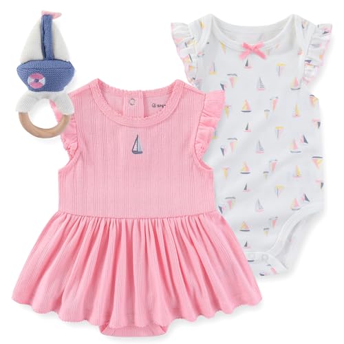 Sperry Baby Girls 2 Pack Interlock Bodysuit with Sailboat Rattle for Newborn and Infant