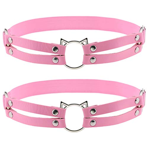Women Girl Leather Hollow Cat Garters Punk Rock Rivet Leg Elastic Garter Leg Ring Anti-Slip Cosplay Harness 2pcs Pink