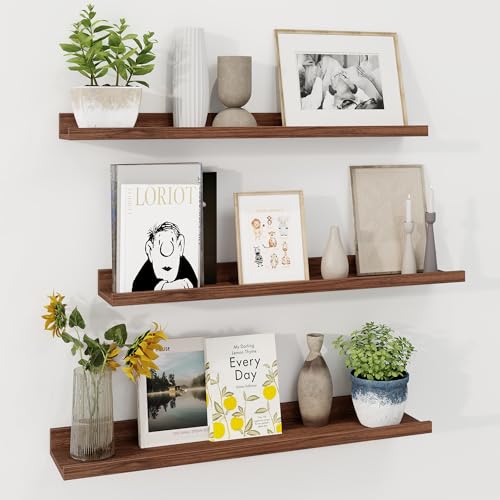 Axeman 30 Inch Floating Shelves | Walnut Picture Ledge Shelf Set of 3 | Rustic Wood Wall Shelves with Lip | 30\" Walnut Picture Shelf for Wall with Ledge | Photo Shelves