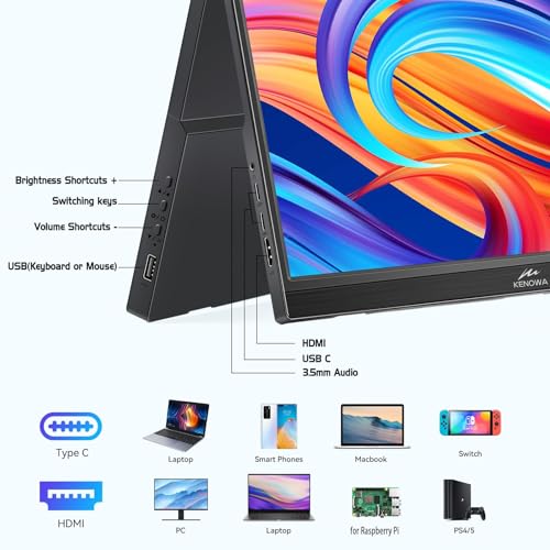 Image of Kenowa Touchscreen Portable Monitor 14 Inch, HDR 1080P IPS Screen External Display with USB C HDMI and Speakers & Stands, Travel Monitor for Laptop Phone PC Mac Xbox PS4 Switch