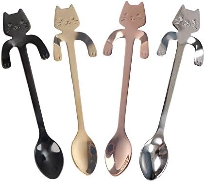 4 Pcs/Set Coffee Spoon Mini Cat Hugging Kitty Spoon,Tea Soup Sugar Dessert Appetizer Seasoning Bistro Spoon,Hanging Cup Spoon by OBANGONG