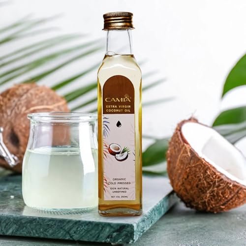 Image of CAMIA - 100% Organic Cold Pressed Coconut Oil for Skin & Hair | 100% Pure & Natural Hair Oil | Skin Hydration & Nourishment | Premium Skin Care | Ideal for Skin & Hair Care | 1000 ML Glass Bottle