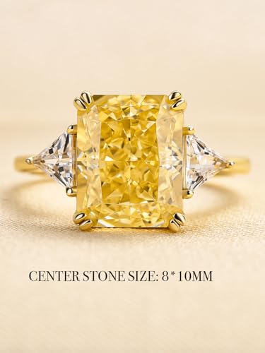 4.0/5.0CT Yellow,Ruby, Blue Simulated Diamond Engagement Ring,3-Stone Radiant Cut Ring,18K Yellow Gold Plated 925 Sterling Silver Promise Ring2