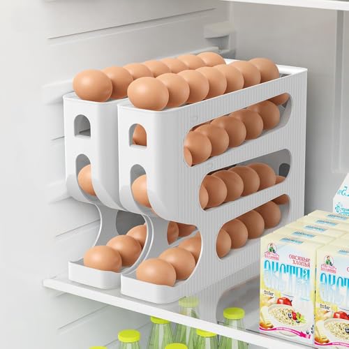 Image of 30 Eggs Tray Storage Box Baskets Holder Dispenser Refrigerator Space-saving Stackable Plastic Automatic Roller Organizer Storage Containers For Kitchen Tools Items (WHITE NEW)
