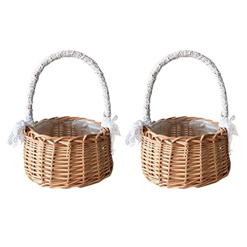 Wnvivi Wicker Flower Baskets, Wedding Flower Girl Baskets Rustic Natural Rattan Handwoven Basket with Handle and Plastic Built-in Layer Storage Baskets for Home Party Supplies Decor -M