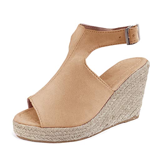 Preisvergleich Produktbild Sandalen Damen Espadrilles Keilabsatz Wedges Schuhe Mit Absatz Sandaletten Strandschuhe Riemchensandalen Khaki 36 EU