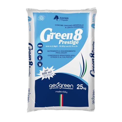 GEOGREEN GREEN 8 concime per prato estate e tardo autunno – organo minerale – lunga durata – 90 giorni – NPK 10-6-14 – contro gli stress – rinverdente – 625m2