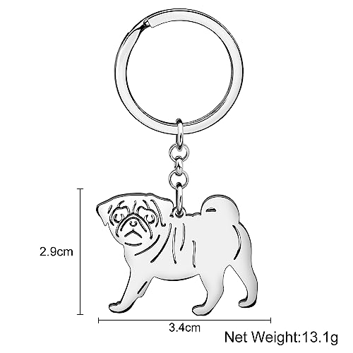 DOWAY Edelstahl Süß Mops Schlüsselanhänger Ringe Autozubehör Charms für Damen Mädchen Kinder Geschenke (Versilbert)