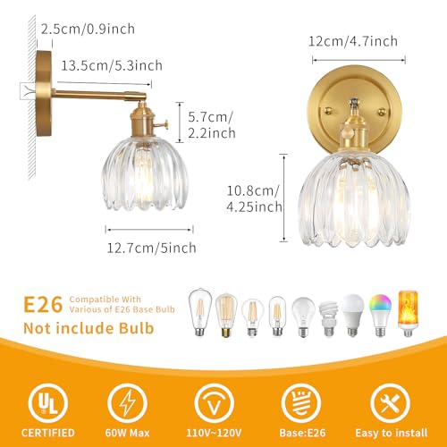 Image of 5 inch Tulip Glass Wall Sconces 180 Degree Adjustable Brass Wall Light Hradwired Modern Wall Lighting Fixture with Switch for Bedside Bedroom Doorway Reading Nook