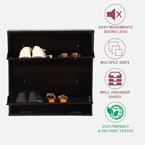 Image of Metal Shoe Rack Wall Mounted for Home with Central Locking | 2 Door 28 inch Wall Mounted Metal 6 Pair Shoe Rack Cabinet | Pre-Assembled Rack Shelves | 3 Year Warranty (Brown)