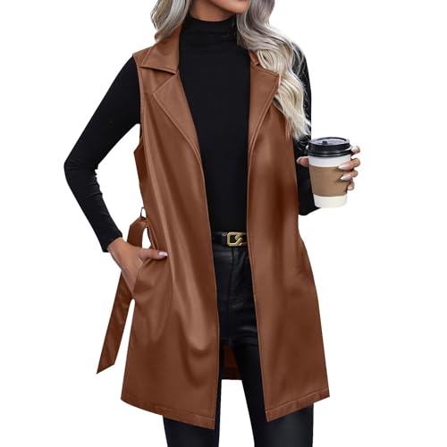 Leather Jacket Women Sleeveless Long Pu Vest Jacket Lapel Open Front Leather Coats Fall Winter Jackets With Belt