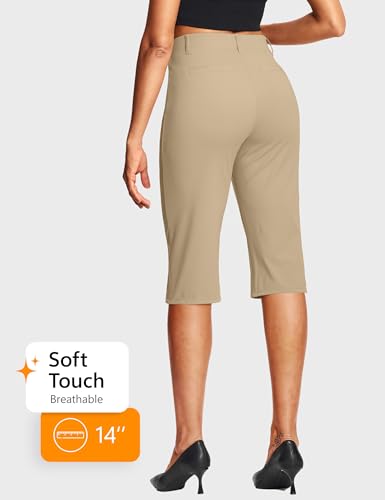 Image of ISEEGZ 14'' /18 inch Capri Pants for Women Dressy Stretch Pull On Womens Capris with Pockets Petite Summer Office Work Casual