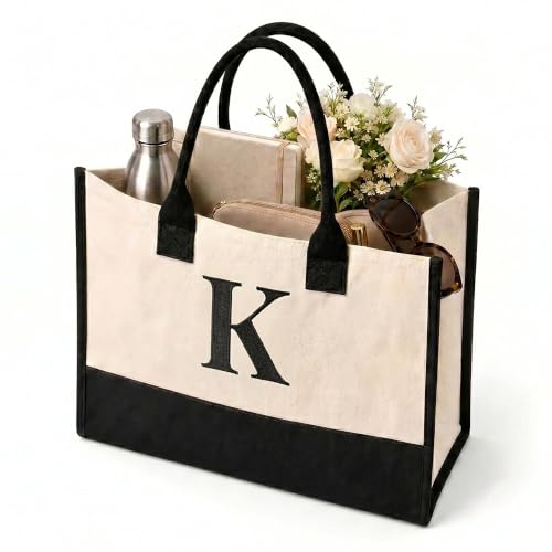 Image of Salt Earth Canvas Tote Bag for Women, Personalized Initial Monogram Tote, Beach Grocery Utility Tote for Travel & Work
