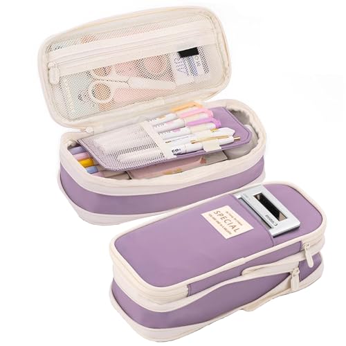 TOTCOZY Large Pencil Case, Aesthetic Expandable Pen Pouch with Zipper, Water Resistant Canvas Stationery Organizer for School Office Travel (Purple)