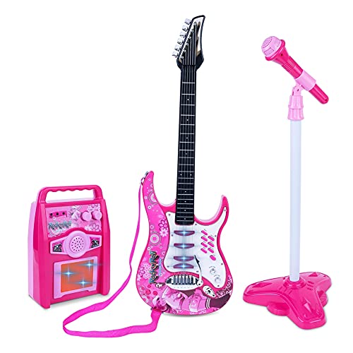 Kids Karaoke Microphone Guitar Musical Set Kids Electric Guitar Microphone Amplifier Set Karaoke Machine Musical Instruments Toy Electric Guitar with Microphone for Boys and Girls (Ship from USA)