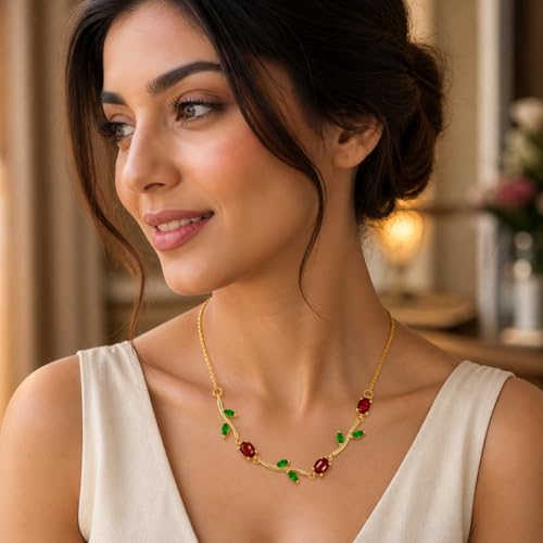 Image of Tulip Necklace for Women, Gold Toned Tulip Pendant with Red & Green Stones, Adjustable Chain, Elegant Jewellery Gift for Girls