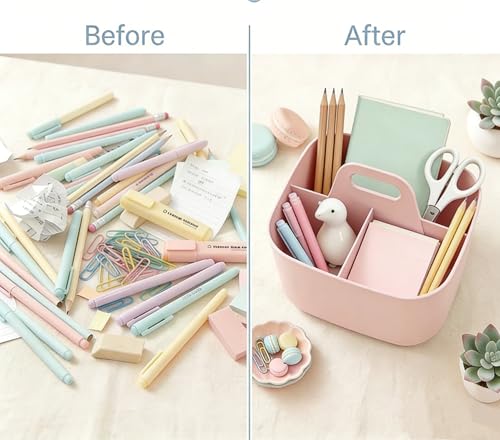 Image of Stackable Portable Handheld Organiser,Multi-Purpose Desktop Divider Organiser Basket For Crafts Or School Supplies Desk,Office,Stationery Pencil Holder,Dorm Room (Small Size-Pink)