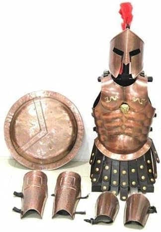 ARTIZANSTORE Medieval 300 Spartan Set Copper Muscle Armour Helmet Red Plume Roman King Armor Halloween Costume Spartan Costume, Greek Brass -Muscle Armor Christmas Gift