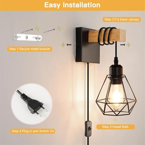 Lámpara de pared interior negra industrial con interruptor integrado y base de madera 6
