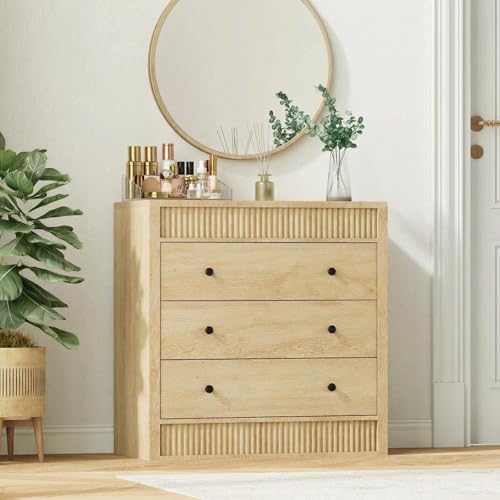 GarveeHome 3 Drawer Dresser for Bedroom, 31.5" Wide Fluted Chest of Drawers, Modern Wooden Nightstand Storage Cabinet for Kids Room, Hallway, Living R