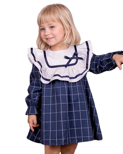 Toddler Girls Vintage Plaid Dress | Soft Cotton Princess Ruffle Dress with Bow | Long Sleeve Fall Heirloom Outfit (18M-6Y)