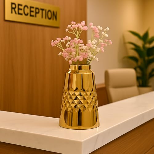 Image of Market99 Metal Flower Holder |Golden Vase with Diamond Pattern in Glossy Texture |Truncated Cone Shape Decorative Piece for Home, Office, Tabletop & Festive Gifting |Designed to Catch the Eye Always