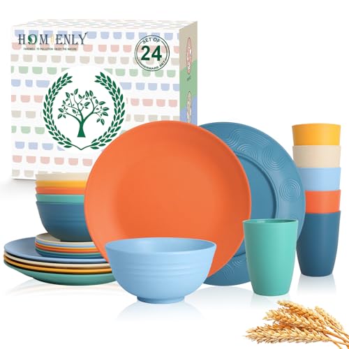 Image of Homienly Unbreakable Wheat Straw Dinnerware Set - Plastic Plates and Bowls Sets Alternative, 24-Piece Dishes Set for Apartment, RV, Party, Microwave and Dishwasher Safe Plates, Bowls, Cups(Multi)