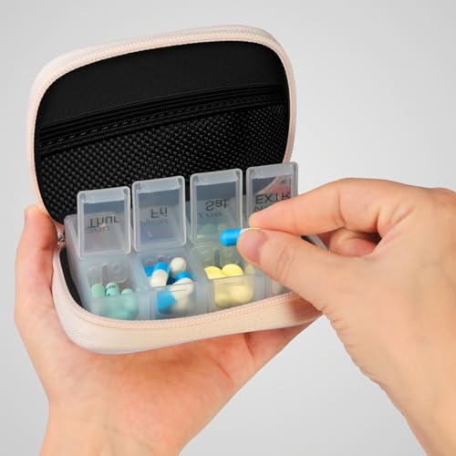 Image of Pill Case Weekly Travel Pill Organizer for Purse with Removable 7 Day Pill Box Premium Neoprene Pill Container for Travel Purse Accessory, Vitamin, Supplement, Small Pieces Arrangement-Cream Yellow