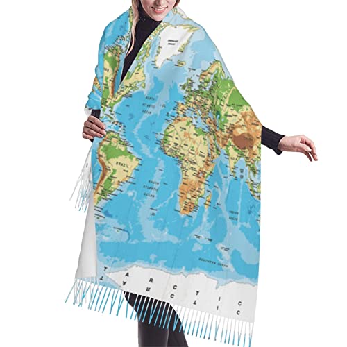 Écharpe à pompons contre le froid style carte du monde en cachemire