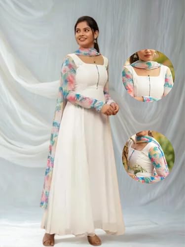Image of Anveri Textiles Women's Elegant White Anarkali Dress with Floral Printed Dupatta | Long Flared Ethnic Gown | Party Kurti Set