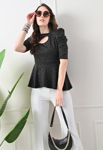Image of Women's Glitter Peplum Top with Keyhole Neck | Puff Sleeve Top