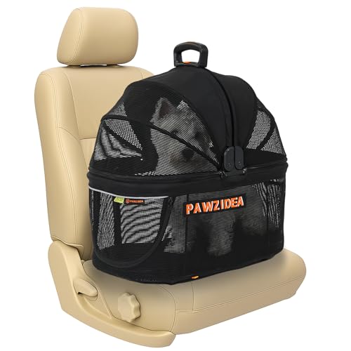PAWZIDEA Portable Small Dog Crate for Car Travel up to 33lb, Enclosed Dog Car Seat Soft-Sided, Escape-Proof Reversible No-Zip Canopy, Foldable Pet Carrier Seatbelt for Small Medium Puppy & Cats Kennel