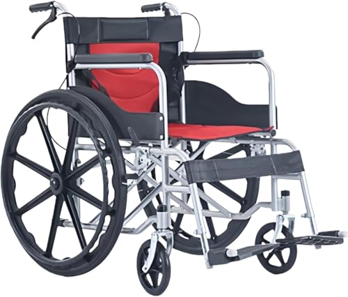 車椅子 折畳み 軽量 コンパクト 軽量 折りたたみ式車椅子 介護用車椅子 高炭素鋼製 補助ブレーキ付き 自走 自走式 介助ブレーキ付き 高齢者向け 多機能 アームレスト 介護・介助に最適 透気性 介護用品 高耐荷重 (黒と赤, 一体型ホイール)