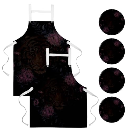 Tablier de cuisine pour pâtisserie et nettoyage avec motif tigre brodé lot de 2
