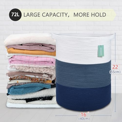 Image of Cotton Rope Blanket Basket, 72L Tall Laundry Hamper, White & Blue | 16 inchx 22 inch, Large Collapsible Woven Nursery Hamper with Sturdy Handles for Clothes Toys Towels, Bedroom Living Room Bathroom