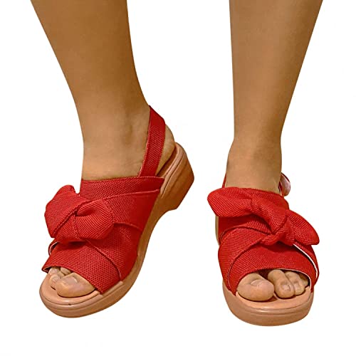 Haoricu Women Open Toe Ankle Strappy Buckle Slingback Platform Wedge Sneakers Summer Bohemia Beach Bow Tie Sandals Red #TOP30