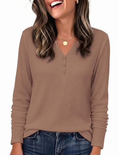 Zeagoo Womens Tops Long Sleeve Womens Shirts Fall V Neck Blouses 2026 Waffle Knit Tunics Tops for Women L Light Brown