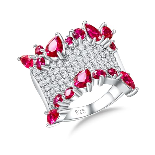 RANDES Large Chunky Statement Rings for Women 925 Sterling Silver Created Red Ruby Ring White Sapphire Wide Band Cocktail Ring Size 8